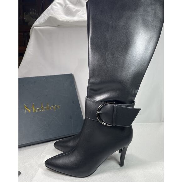 Modatope Knee High Boots Women Size 9.5 Black Faux Leather Pointed Toe NEW - Picture 2 of 16